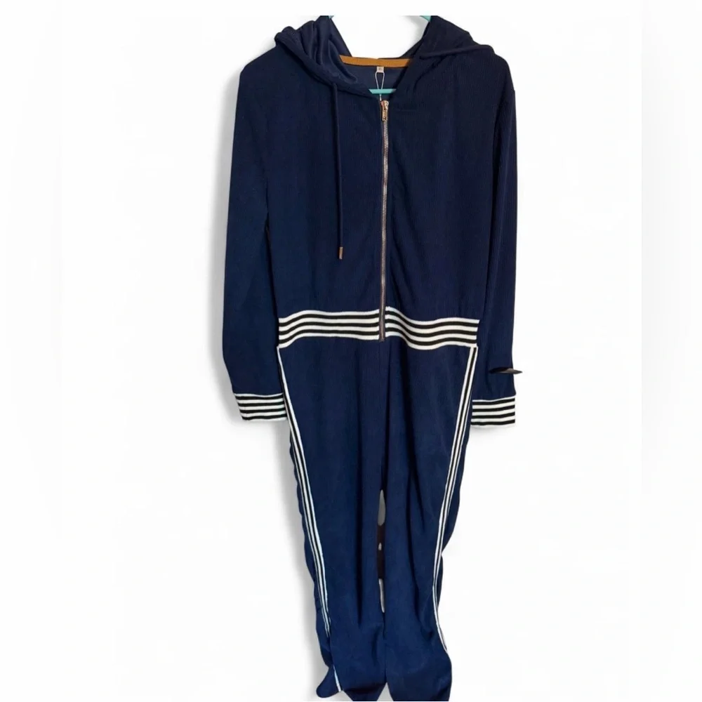 Oyrosy Revolve Retro Sports Hooded Zipper Dark Blue Knitted Jumpsuit NEW XL
